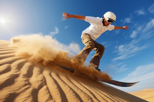 A person is captured making a sharp turn while sandboarding on a high dune against a clear blue sky, illustrating the dynamism and excitement of the extreme sport.