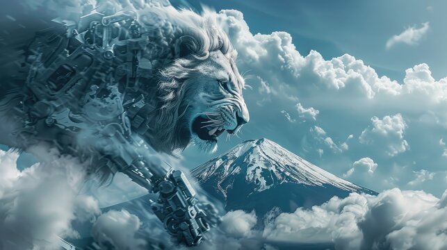 A lion robot roaring in front of a digital Mount Kilimanjaro, symbolizing Kenya.