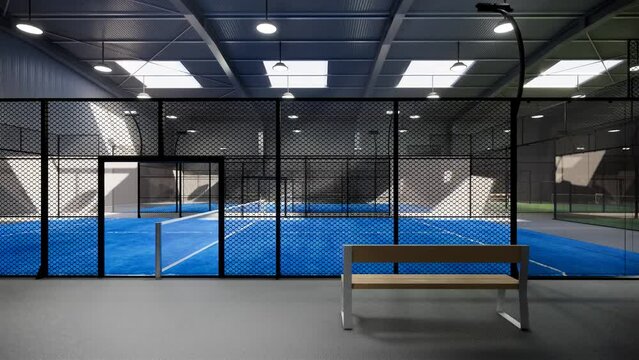 Closeup Slider shot of indoor blue padel tennis courts  with wooden bench 