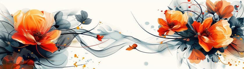 Fototapeta premium Modern vine flowers with dynamic, abstract forms and bright colors, set against a clean white background for a stylish fabric design