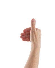 Empty mid aged woman hand to hold something with fingers isolated on white