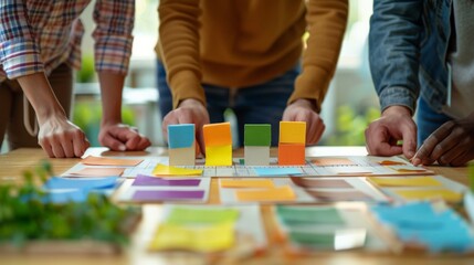 Fototapeta premium A team collaborating with colorful sticky notes on a table.
