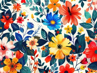 Modern vine flower pattern with abstract shapes and vibrant hues, set on a bright white background for a fresh design