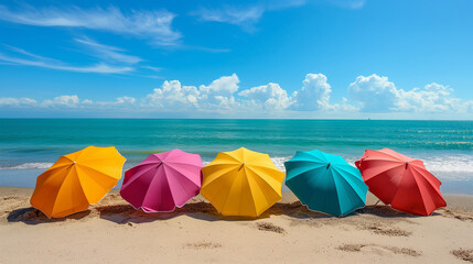 Vibrant beach umbrellas on a sandy beach with a calm ocean and bright blue sky. Concept of leisure, tropical getaway, and seaside tranquility