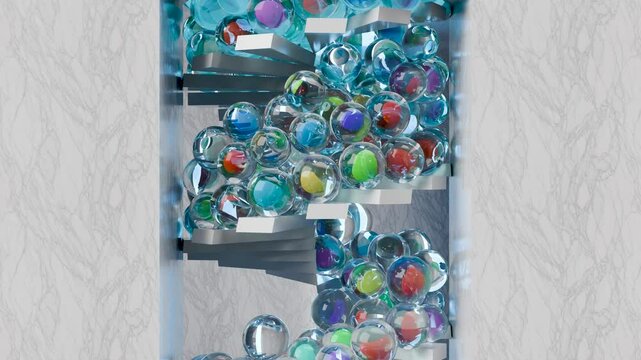 Oddly Satisfying white marble balls race run track, marbled spheres racing down stairs, rolling and bouncing , abstract background, jumping down the marble staircase, Motion Graphics design, 3d render