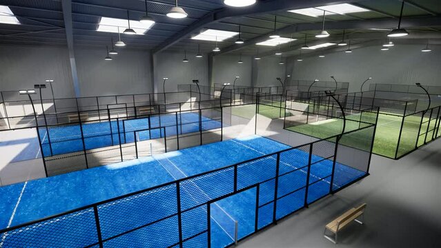 Aerial drone view of empty green and blue padel tennis courts