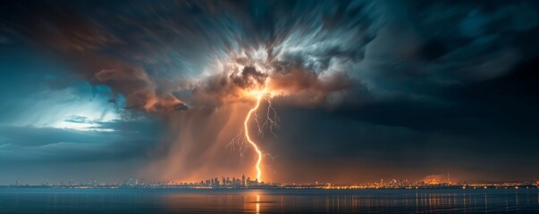A brilliant lightning bolt cuts through the stormy sky over a twinkling cityscape at night, highlighting the powerful forces of nature amidst an urban setting. Breathtaking and intense.