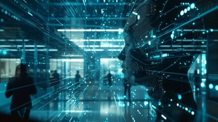 Digital profile amidst a futuristic data network backdrop