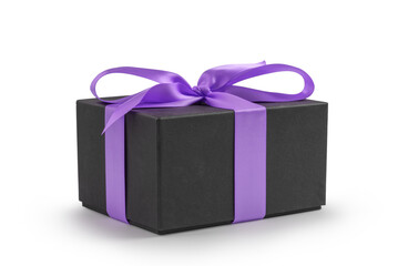Black gift box with violet ribbon isolated on white background