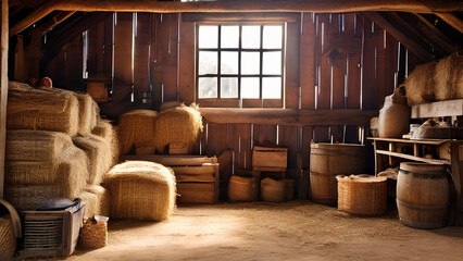Timeless farm life! This rustic barn is filled with weathered wooden beams, vintage tools, and hay bales waiting for use