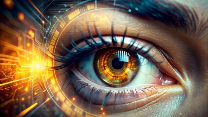 Futuristic Eye Close-Up with Cyberpunk Elements. Perfect for: Sci-Fi Art, Tech Blogs, Futuristic Concepts, Digital Art