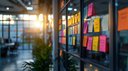 Glass wall with colorful sticky notes in a modern office, bathed in natural light. Concept of creative workspace, idea generation, and collaborative planning