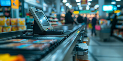 Obraz premium Checkout counter in a supermarket with a point-of-sale terminal and products on the conveyor belt, busy shopping environment. Concept of retail, commerce, and consumer activity