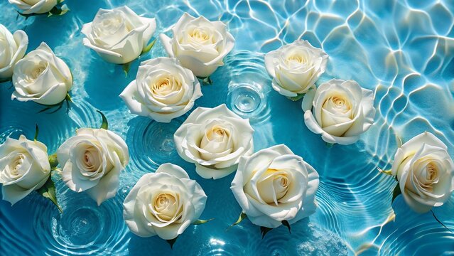 White Roses in Blue River with Crystals Flat Lay. Perfect for: Art Exhibitions, Floral Shops, Nature Blogs, Creative Designs
