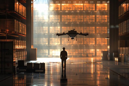 A person standing in a dimly lit warehouse watching a drone hover near shelves filled with boxes, highlighting modern technology and logistics.
