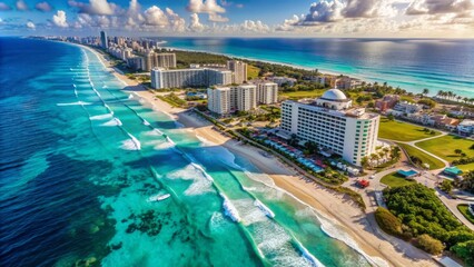 Stunning aerial view of lavish hotel complex and pristine beaches lining turquoise Gulf of Mexico shores in Cancun's Zona Hotelera.
