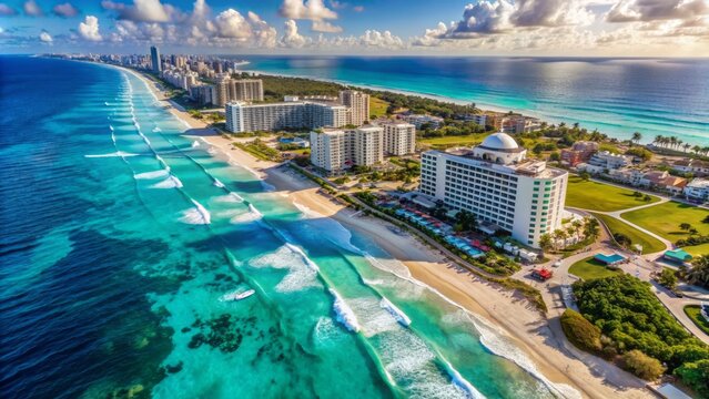 Stunning aerial view of lavish hotel complex and pristine beaches lining turquoise Gulf of Mexico shores in Cancun's Zona Hotelera.