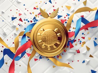 Obraz premium Shimmering Gold Medal Amid Vibrant Abstract Shapes Symbolizing Speed and Success