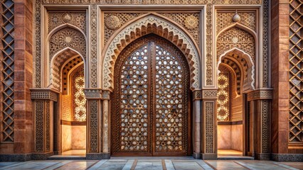 Obraz premium Intricately designed 3d brown marble gate entrance with islamic geometric patterns and ornate architectural details in a serene empty setting