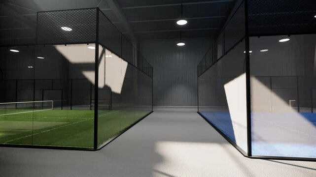 zoom out empty green and blue padel tennis courts inside a warehouse building. Located in the sports complex facility area. With lights on during the day