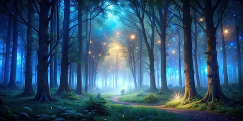 of a mysterious secret forest at night, with a landscape background, mysterious, secret, forest, night,landscape, trees