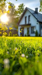 Obraz premium Cozy Suburban Home Nestled in Lush Spring Greenery with Inviting Outdoor Yard