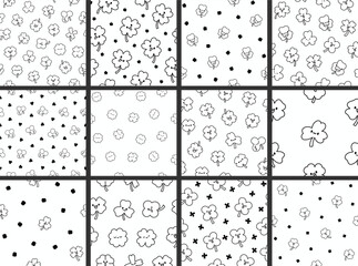 Cute kawaii lucky clover. Seamless pattern. Coloring Page. Cartoon funny characters. Hand drawn style. Vector drawing. Collection of design ornaments.