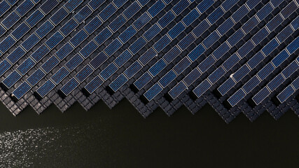 Aerial view solar cell panels farm power plant on water, Solar cell panels farm power plant eco technology alternative sustainable resources and renewable energy, Solar panel environment friendly.