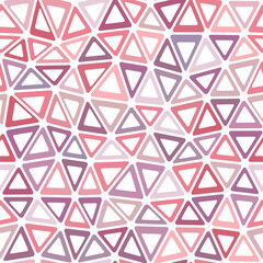 Abstract colorful grid with pink, red, and purple decorative triangles on a white background. Mosaic style. Seamless geometric pattern. Modern design.