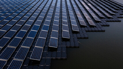 Aerial view solar cell panels farm power plant on water, Solar cell panels farm power plant eco...