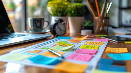Fototapeta premium Desk cluttered with colorful sticky notes, pencils, and a coffee cup. Reflects brainstorming, creative planning, and productivity