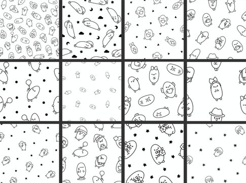 Funny bread characters. Seamless pattern. Coloring Page. Cute tasty bakery pastries, cartoon happy bagets faces. Hand drawn style. Vector drawing. Collection of design ornaments.