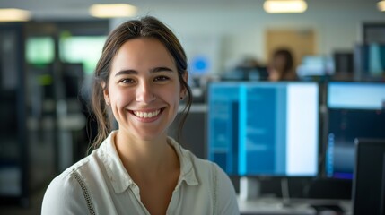 Fototapeta premium Casual Shirt Wearing Female IT Professional Smiling Enthusiastically in Office Environment with Servers