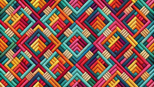 Vibrant retro-inspired seamless pattern featuring multicolored crisscrossing irregular lines in a thick woven texture reminiscent of ethnic dobby weave fabrics.