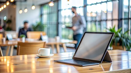 Tablet with Blurred Co-Working Space Background. Perfect for: Tech Blogs, Mobile Advertisements, Business Articles