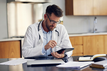 Healthcare, doctor and man with tablet, typing and research for diagnosis, email and online reading...