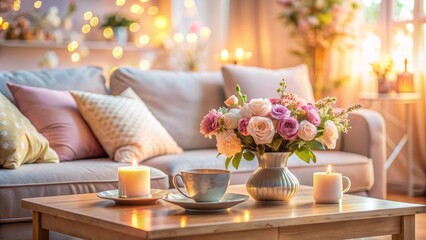 Cozy living room with warm lighting, comfortable couch, and beautiful flowers, conveying a sense of love and togetherness.