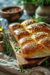 Wooden Cutting Board with Bread,