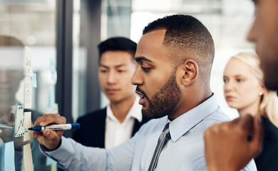 Business, people and glass with brainstorming sticky notes, corporate employees and writing in...