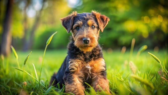 Adorable ten-week-old Airedale Terrier puppy with black saddle and tan markings assumes playful bow pose in lush green meadow.