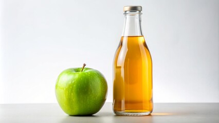 A clear glass bottle filled with golden liquid stands upright next to a solitary Granny Smith apple on a pristine white background.