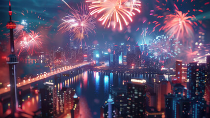 Fototapeta premium Fireworks illuminate the modern metropolis, reflecting in the water surface. The bright lights of skyscrapers and busy streets create an exciting atmosphere of celebration in the big city.