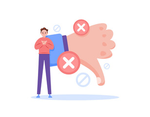 concept of prohibition and rejection. boycotted, banned and blocked. illustration of a man with a crossed arms gesture, a prohibition symbol, thumbs down. flat style design. graphic elements