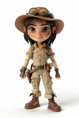 Fototapeta premium 3D Render Of A Toon Girl With Safari Outfit And Hat, White Background, Detailed Textures, Vibrant Colors
