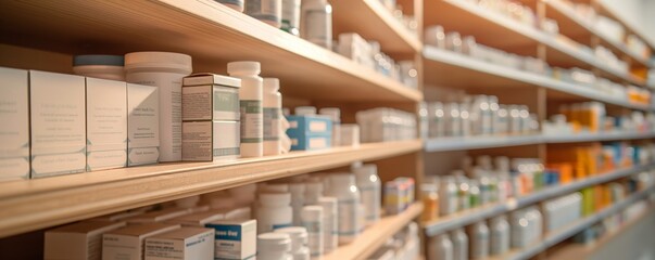 Image of well-organized shelves filled with various pharmaceutical products, including boxes and bottles, in a well-lit pharmacy store or health supply shop setting.
