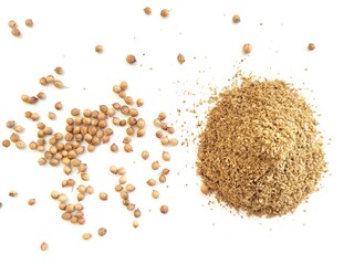 Coriander powder and raw seeds with great aroma.