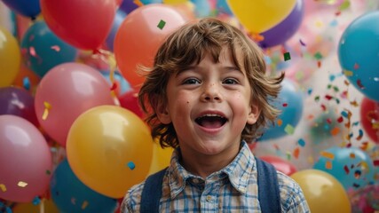 Joyful young boy surrounded by vibrant balloons and confetti, celebrating a fun and festive occasion with a big smile.
