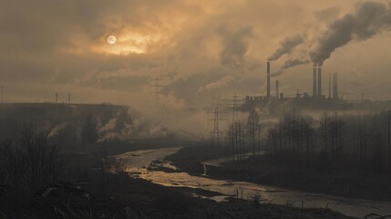 Fototapeta premium Industrial landscape with factories emitting smoke at dusk