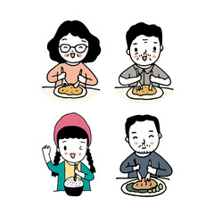 People enjoy eating food, hand drawn style vector illustration