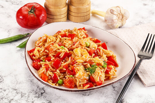 Italian pasta orzo with prawn